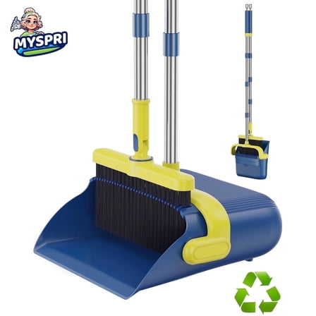 MYSPRI Broom and Dustpan Combo Set for Home with Long Handle, Self-Cleaning with Dust Pan Teeth for Kitchen Office Floors Cleaning, Stand Up