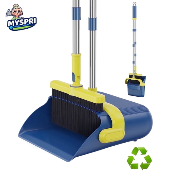 MYSPRI Broom and Dustpan Combo Set for Home with Long Handle, Self-Cleaning with Dust Pan Teeth for Kitchen Office Floors Cleaning, Stand Up