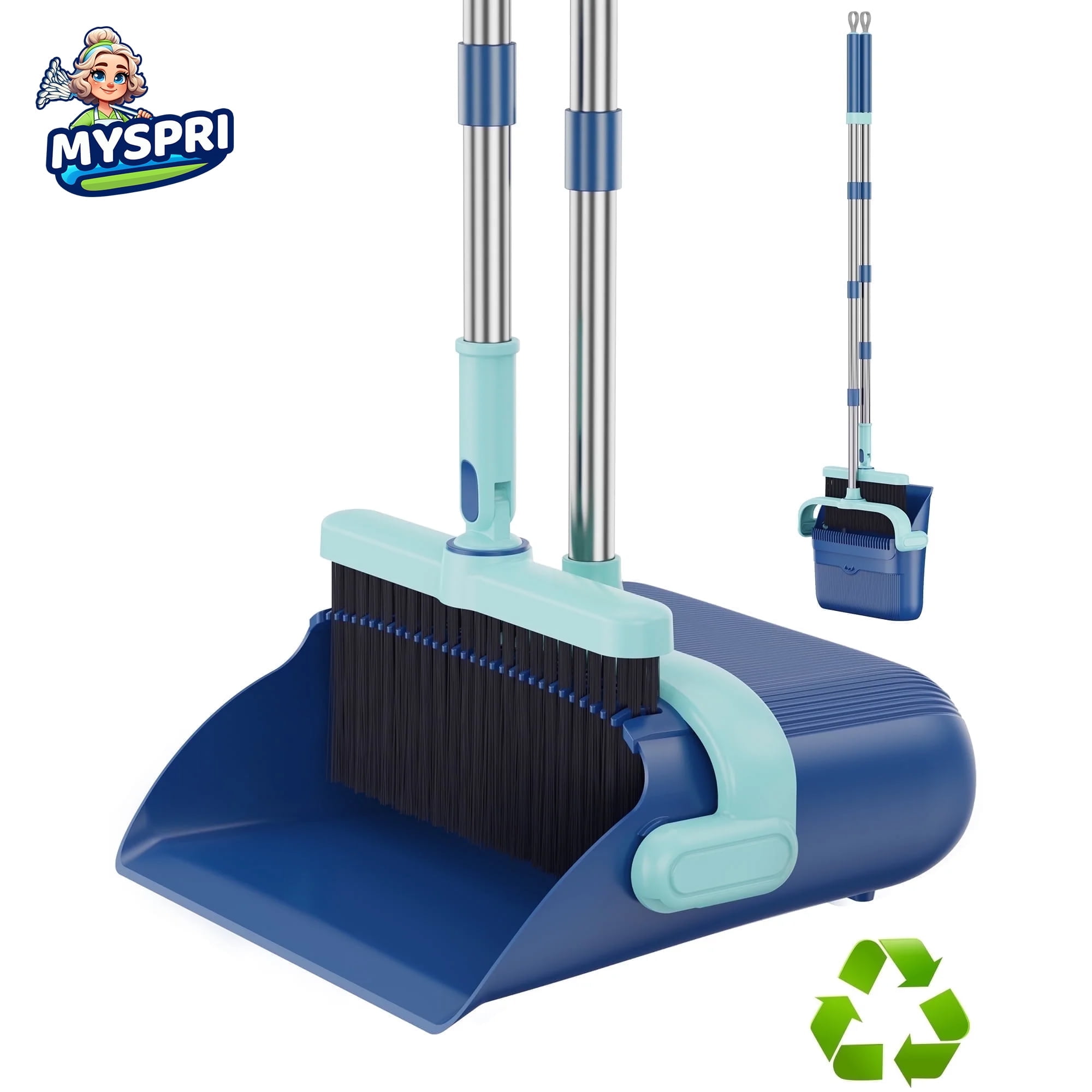 MYSPRI Broom and Dustpan Set for Home, Stand up Broom and Dust Pan Combo Set with Long Handle for Kitchen Office Floor Cleaning