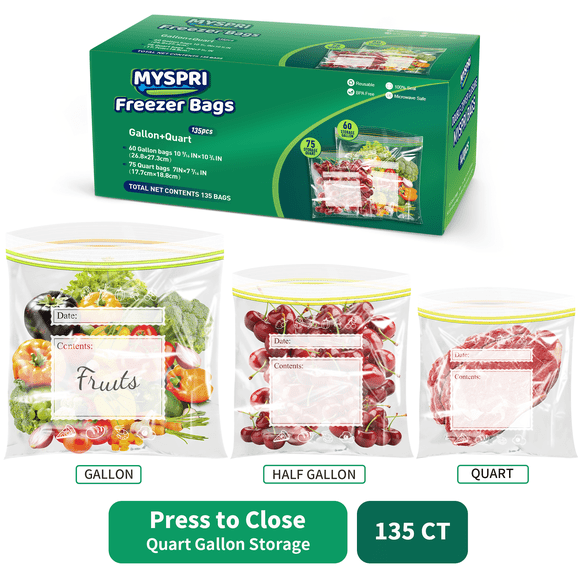 MYSPRI Freezer Bags Gallon Size 60 Count and Quart Food Storage Bags 75 Count