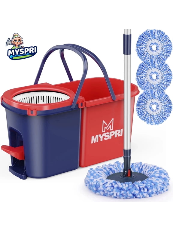 Spin Mop and Bucket System with Wringer Set for Floors, Separate Clean and Dirty Water, 3 Microfiber Mop Pads