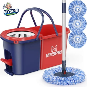 MYSPRI Spin Mop and Bucket System with Wringer Set for Floors, Separate Clean and Dirty Water, 3 Microfiber Mop Pads