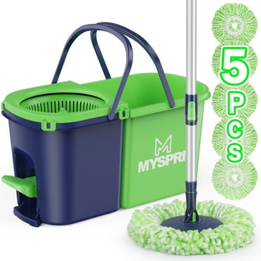 MYSPRI Spin Mop and Bucket with Wringer Set for Home Floor Cleaning, Separate Clean and Dirty Water System, 5 Reusable Microfiber Mop Pads - Green