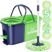 MYSPRI Spin Mop and Bucket with Wringer Set for Home Floor Cleaning, Separate Clean and Dirty Water System, 5 Reusable Microfiber Mop Pads - Green