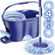 MYSPRI Spin Mop and Bucket with Wringer System Set for Floors Cleaning, 4 Reusable Microfiber Mop Pads