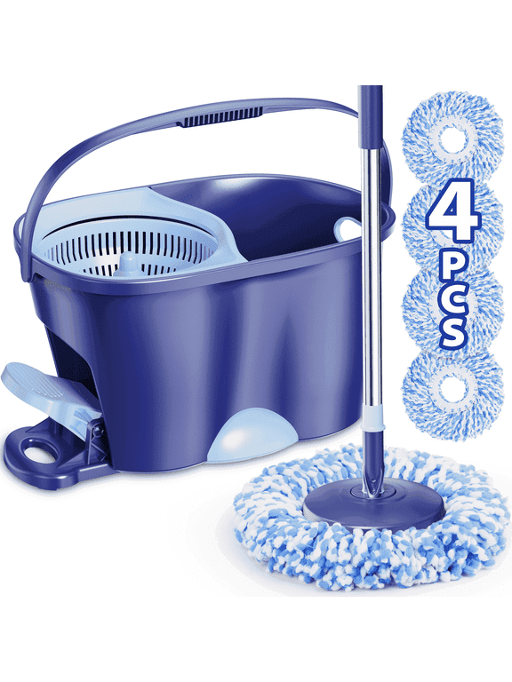 Spin Mop and Bucket Set with Wringer for Floor Cleaning Heavy Duty System, 4 Microfiber Mop Pads