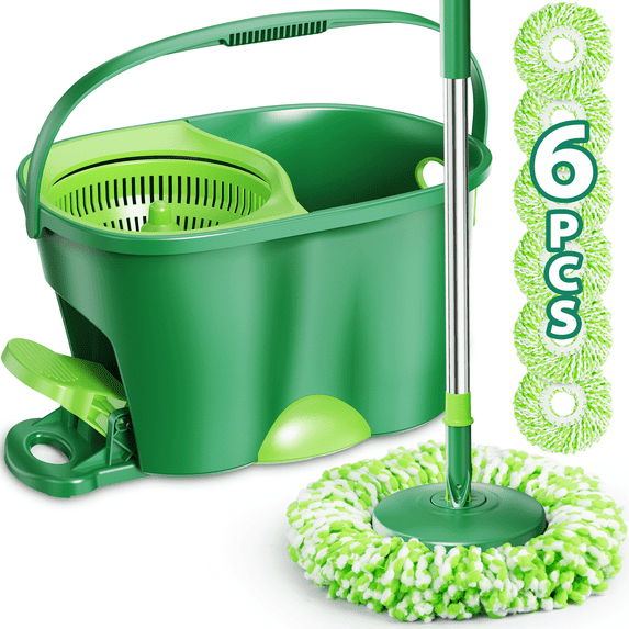 MYSPRI green spin mop and bucket system with wringer, includes 6 refill wet mop pads