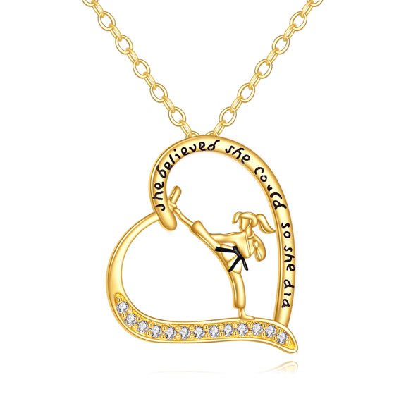 MYSTICPOEM 14K Gold Karate Necklace for Women 14k Solid Gold Heart Pendant Necklace Taekwondo Jiu Jitsu Jewelry for Women