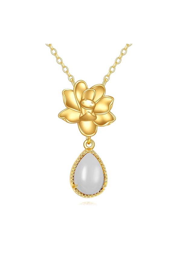 14K Gold Lotus Flower Necklace Delicate Lotus Flower Chalcedony Pendant Jewelry for Women Birthday Valentines Day Gifts for Her Mom Wife