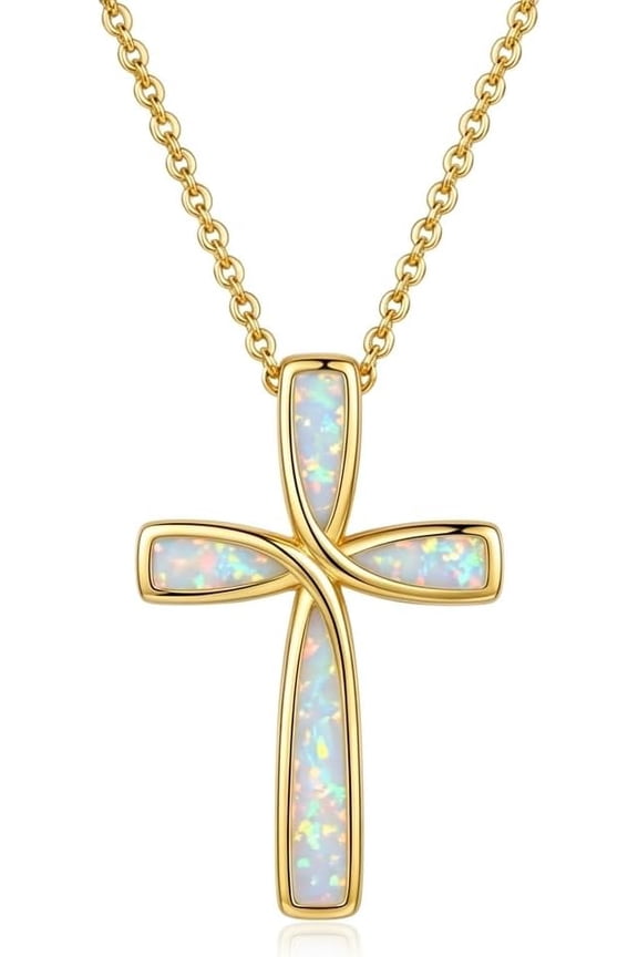14K Gold Plated Cross Necklace for Women, Dainty Opal Cross Pendant Necklace, Christian Religious Jewelry Gifts for Women, Baptism Confirmation Communion Gifts