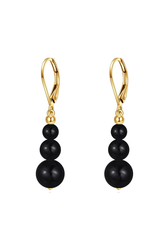 14K Real Gold Black Onyx Beads Earrings 14K Solid Gold Dangle Drop Leverback Jewelry Anniversary Birthday Gifts for Women