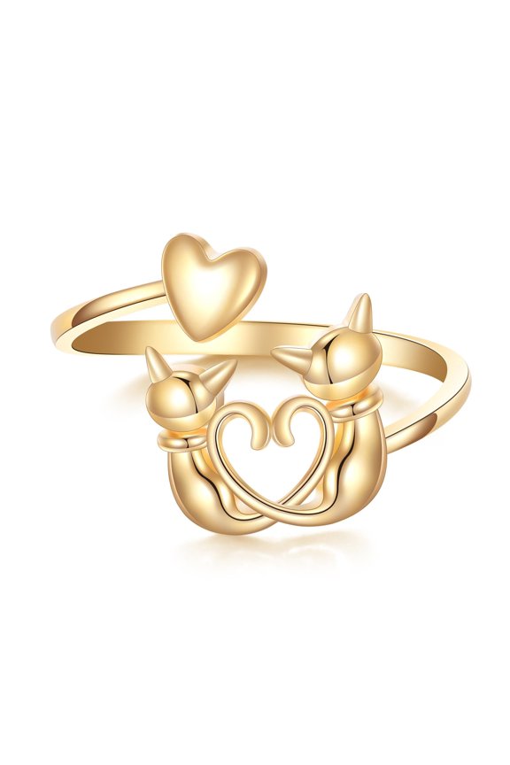 14K Real Gold Spoon Ring Solid Yellow Gold Adjustable Open Ring Jewelry Birthday Mother's Day Anniversary Christmas Gifts for Women (Cat, 7)