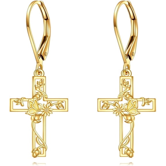 MYSTICPOEM 14K Solid Gold Cross Earrings Leverback Dangle Drop Earrings 14K Real Gold Jewelry Religious Gift for Women