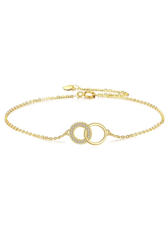 14K Solid Gold Double Circle Bracelets for Women 2 Interlocking Circles Love Message Birthday Christmas Jewelry Gifts for Mom Friends (Double Circle Bracelet)