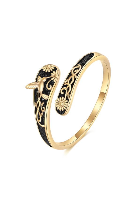14k Gold Hummingbird Sunflower Ring for Women, Tiny Real Solid Yellow Gold Flower Engagement Ring