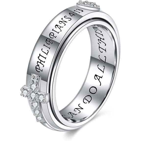 MYSTICPOEM 925 Sterling Silver Anxiety Fidget Spinner Ring Size7/8 Cross Heart Engraved Ring Zircon Jewelry Gift for Women Men