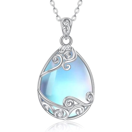 MYSTICPOEM 925 Sterling Silver Moonstone Necklace Filigree Teardrop Pendant Necklace Jewelry for Women