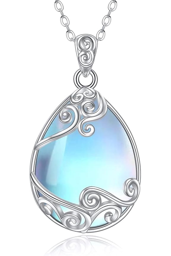 925 Sterling Silver Moonstone Necklace Filigree Teardrop Pendant Necklace Jewelry for Women