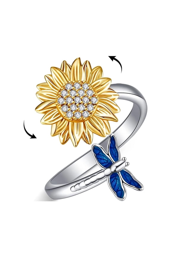 925 Sterling Silver Sunflower Dragonfly Ring Spinning Ring Unwrapped Ring for Women (dragonflies)