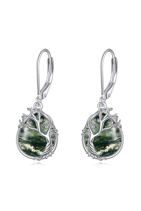 925 Sterling Silver Tree of Life Moss Agate Earrings Filigree Teardrop Dangle Drop Leverback Earrings for Women Jewelry