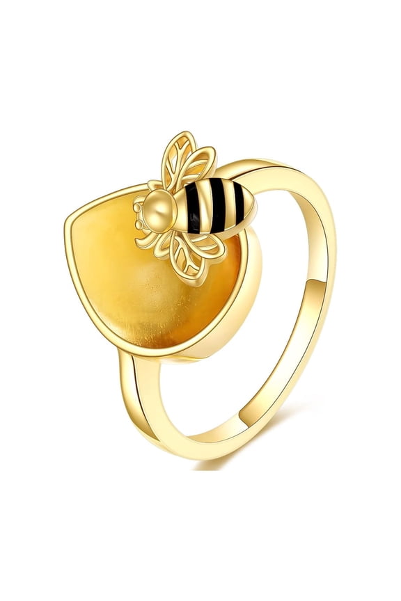 Amber Bee Ring for Women Sterling Silver Bumblebee Honey Amber Ring Amber Jewelry Gift for Women