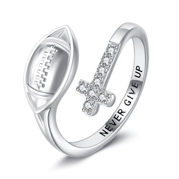 MYSTICPOEM American Football Ring Sterling Silver Cross Adustable Ring Never Give Up Jewelry Lover Gifts for Women Rugby Player