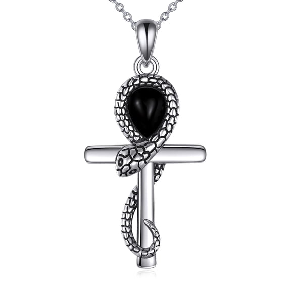 MYSTICPOEM Ankh Cross Necklace 925 Sterling Silver Egyptian Ankh Cross Necklace Black Onyx Snake Cross Pendant Egyptian Jewelry Gifts for Women