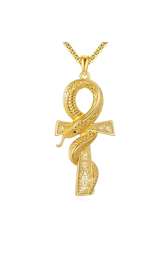 Ankh Cross Necklace for Men 18K Gold Plated Snake Coiled Egyptian Symbol Cross Pendant Protection Jewelry for Men Women
