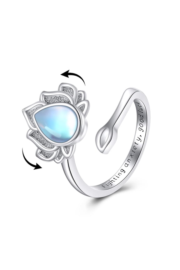 Anxiety Ring Anxiety Fidget Ring Lotus Flower Sterling Silver 14K White Gold Plated Moonstone Anxiety Relief Ring for Women Men