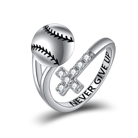 MYSTICPOEM Baseball Ring Sterling Silver Cross Adustable Ring Never Give Up Jewelry Lover Gifts for Women Baseball Player Softball Player
