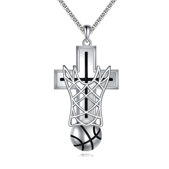 MYSTICPOEM Basketball Cross Necklace 925 Sterling Silver Basketball Sport Pendant Cross Hip Hop Jewelry Gift for Men