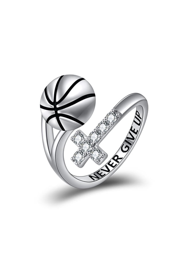 Basketball Ring Sterling Silver Cross Adustable Ring Never Give Up Jewelry Lover Gifts for Women Basketball Player