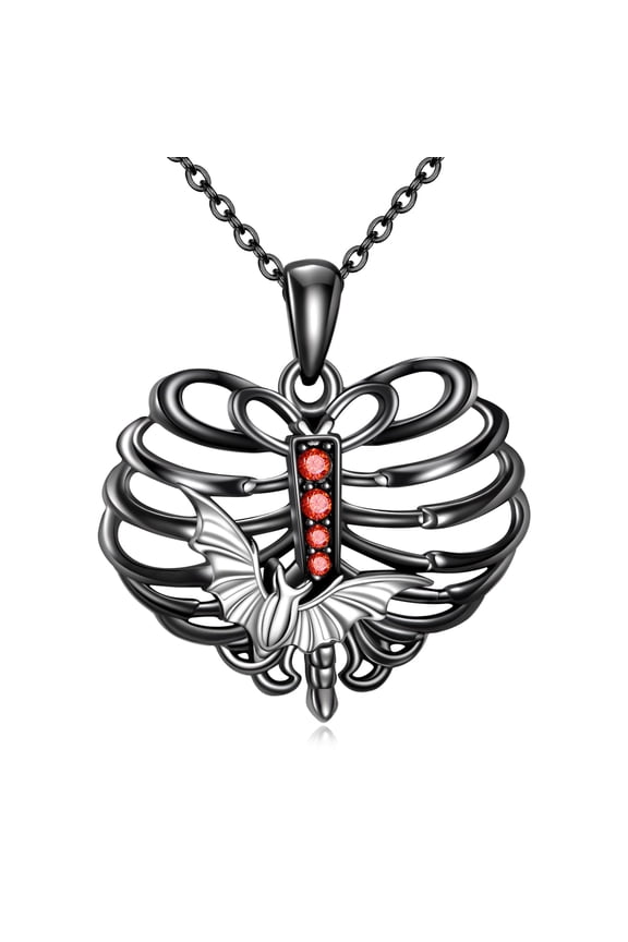 Bat Rib Necklace Sterling Silver Skull Red Zircon Necklace Skeleton Necklace Gothic Jewelry for Women (Bat Rib)
