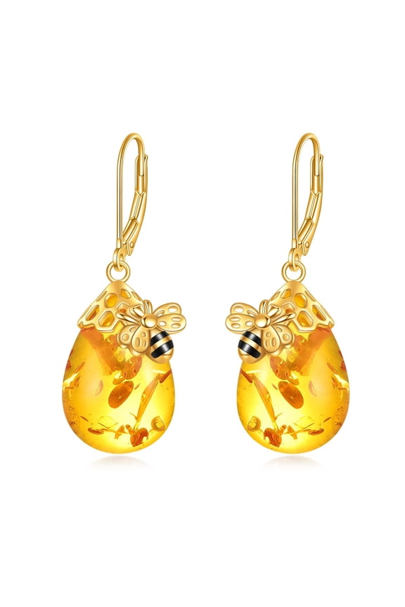 Bee 925 Sterling Silver French Clasp Earrings Amber Pendant Jewelry Gift for Women
