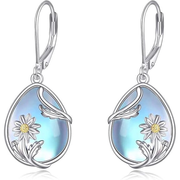 MYSTICPOEM Bee/Flower/Hummingbird Bird Moonstone Earrings 925 Sterling Silver Teardrop Dangle Hypoallergenic Leverback Earring for Women