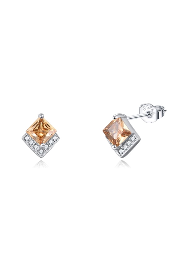 Birthstone Stud Earrings Sterling Silver Square Created Citrine November Earrings Cubic Zirconia Piercing Jewelry Small Gifts for Women Mothers