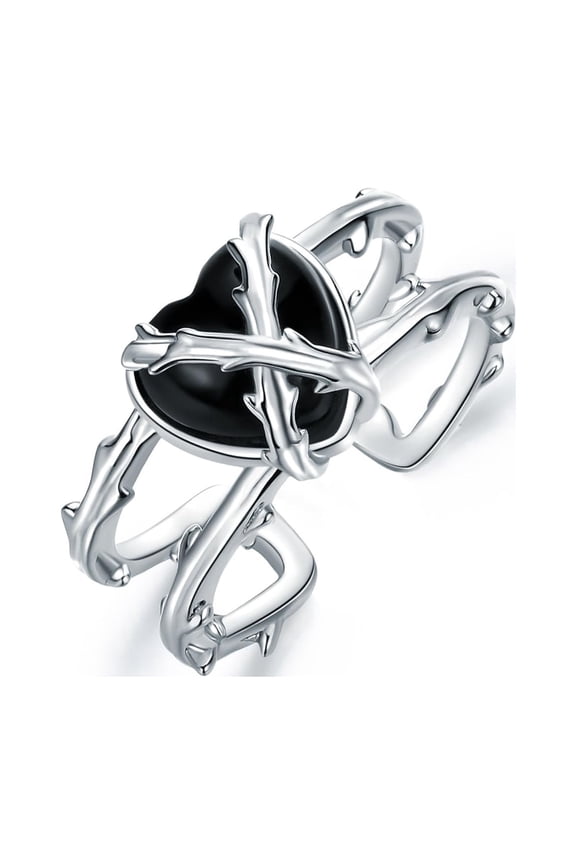Black Agate Rings 925 Sterling Silver Heart Thorns Rings Adjustable Open Rings Tree Branch Thorn Jewelry for Men Women Lover