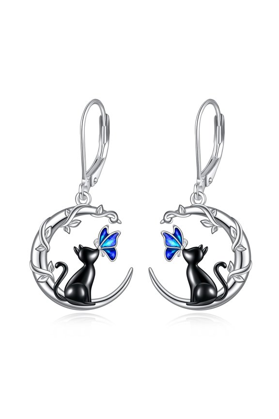 Black Cat Earrings for Women 925 Sterling Silver Moon Dangle Blue Butterfly Jewelry Gifts Cat Earring Birthday Present for Wife