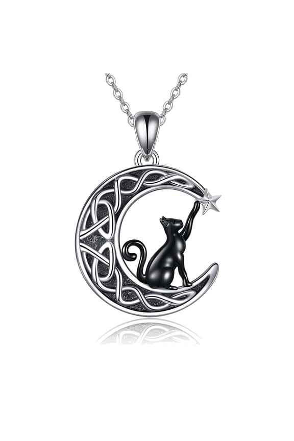 Black Cat Necklace for Women 925 Sterling Silver Celtic Moon Pendant Cat Jewelry Gifts for Women Men Birthday Christmas