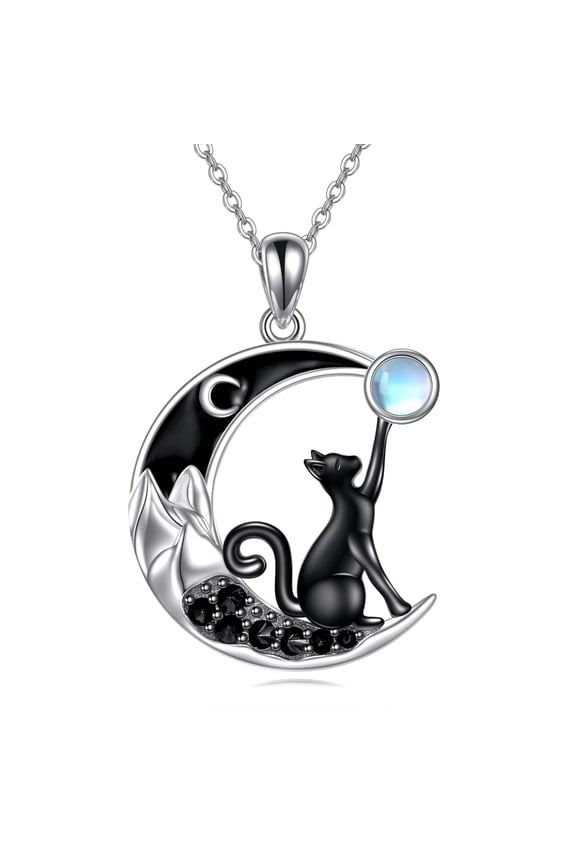 Black Cat Necklace for Women Sterling Silver Moonstone Cat Jewelry Irish Gifts (mountain)