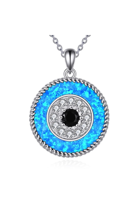 Blue Opal Evil Eye Pendant Necklace for Women 925 Sterling Silver Greek Protection Jewelry with Black Cz Amulet Gift