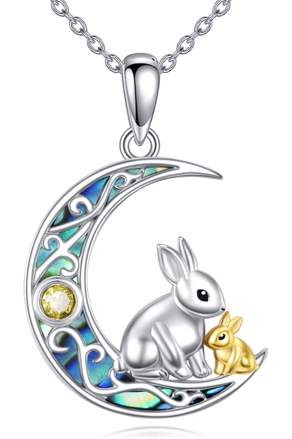 MYSTICPOEM Bunny Necklace for Women 925 Sterling Silver Moon Rabbit Pendant Necklace Cute Animal Necklace Easter Bunny Jewelry Gifts for Women