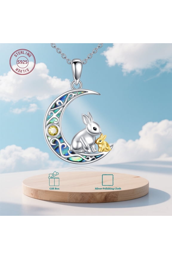 MYSTICPOEM Bunny Necklace for Women 925 Sterling Silver Moon Rabbit Pendant Necklace Cute Animal Necklace Easter Bunny Jewelry Gifts for Women