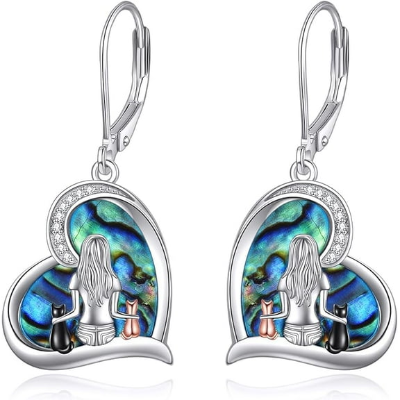 MYSTICPOEM Cat Earrings Sterling Silver Dangle Drop Leverback Earrings Jewelry Gifts for Women