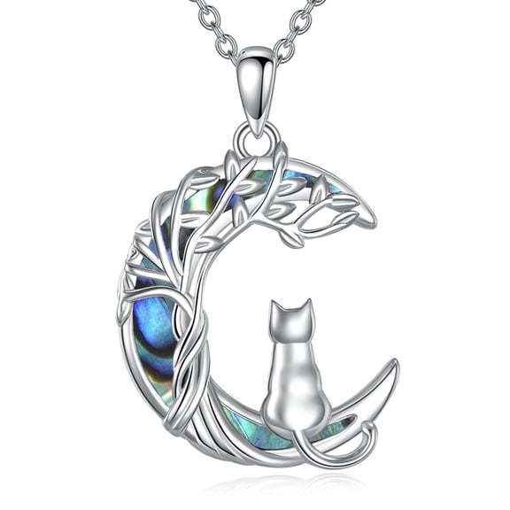 MYSTICPOEM Cat Necklace for Women 925 Sterling Silver Abalone Shell Tree of Life Pendant Animal Jewelry Christmas Birthday Gifts for Daughter, Cat Lover