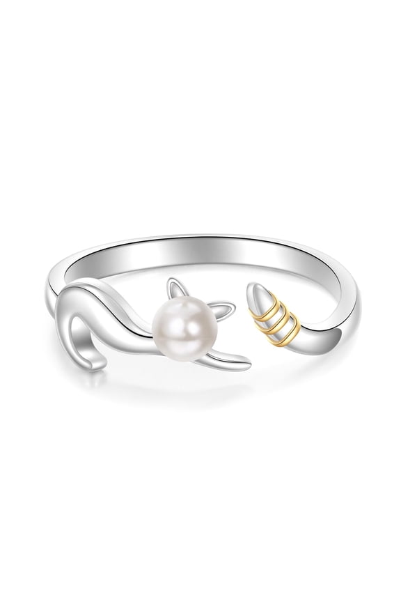 Cat Rings for Women 925 Sterling Silver Open Adjustable Pearl Rings Cat Jewelry Gifts for Mom Wife
