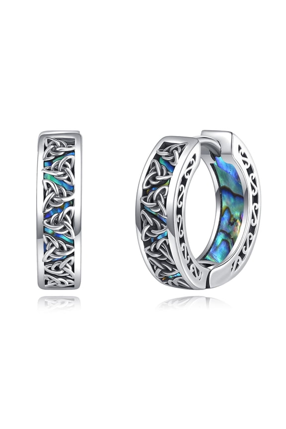 Celtic Earrings for Men Sterling Silver Norse Viking Hoop Earrings Abalone Irish Jewelry Gift for Men Women