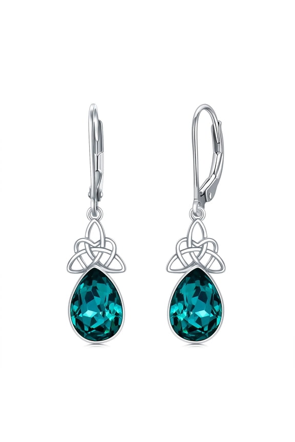 Celtic Knot Dangle Earrings 925 Sterling Silver Emerald Birthstone Earrings May Crystal Celtic Leverback Earrings Irish ST Patricks Day Valentine's Lucky Jewelry Gift for Women
