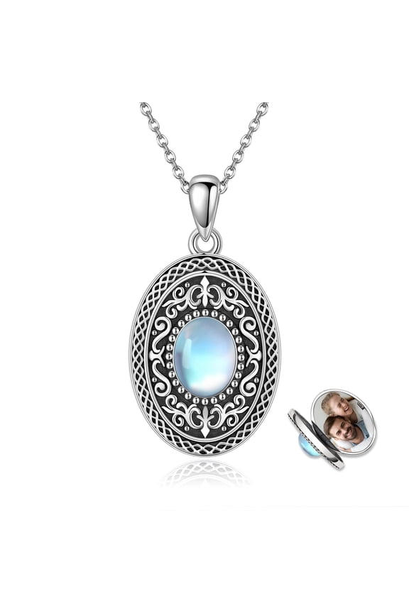 Celtic Knot Locket Necklace Sterling Silver That Holds Pictures Photo Pendant Monstone Oval Jewelry for Women Men