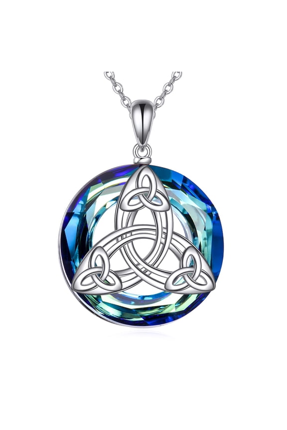 Celtic Knot Necklace S925 Sterling Silver Circle Crystal Pendant Irish Jewelry Gifts for Women Mom Wife Her Birthday Christmas Anniversary